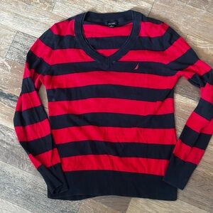 Nautica Men's Navy Red Striped Vneck Sweater Size Large